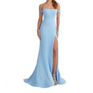 NEW HOUSE OF WU off shoulder corset back gown in sky